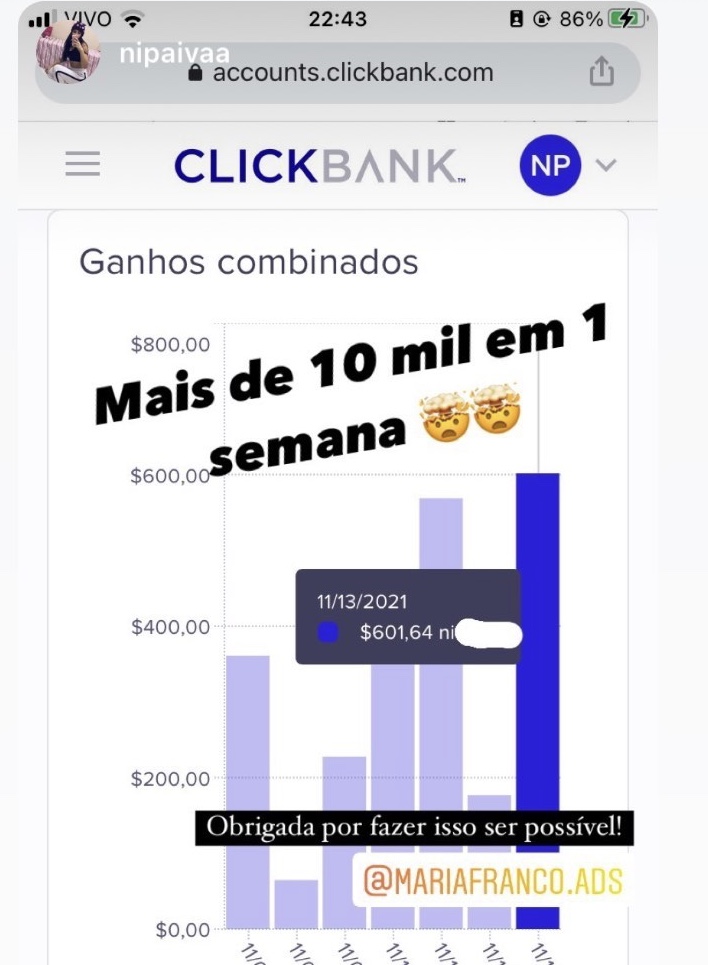 Resultado do Clickbank mostrado por aluno da Jornada Afiliado Pro