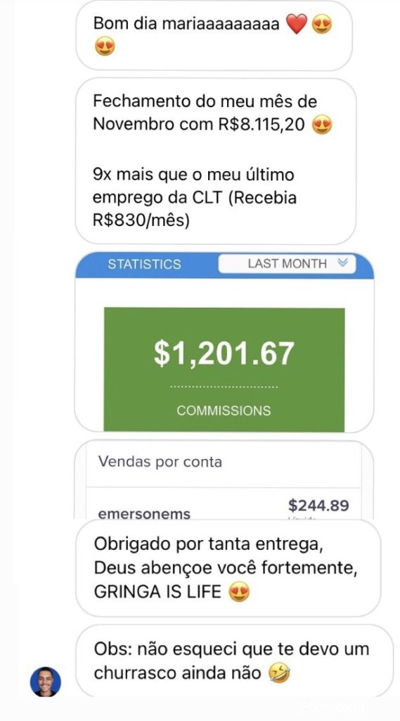 ganhos em dólar do aluno da Maria Franco